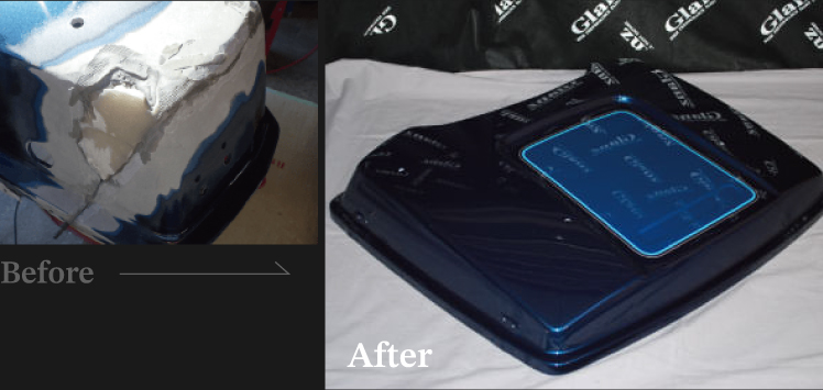 割れて欠損したバイクのFRP製外装パーツを補修し、塗装まで行った修復前後の比較