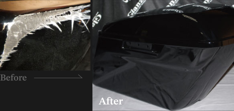 転倒により大きく削れたバイクのプラスチック製サドルバッグを補修・塗装した修復前後の比較