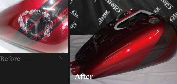 割れて欠損したバイクのFRP製外装パーツを補修・成形し、塗装まで行った修復前後の比較