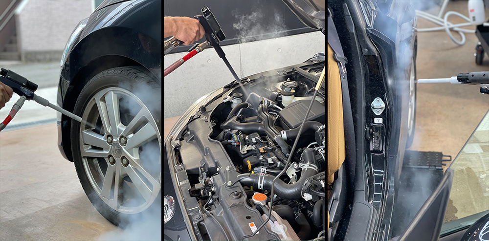 ドライアイスクリーニングによるクルマのホイール・エンジンルーム・車体内部の洗浄作業
