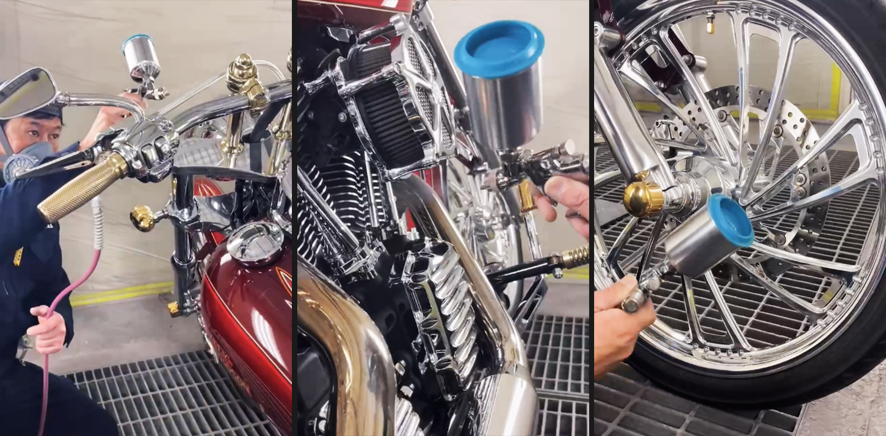 エアガンによるスプレー方式でバイク各部にガラスコーティングを施す施工方法