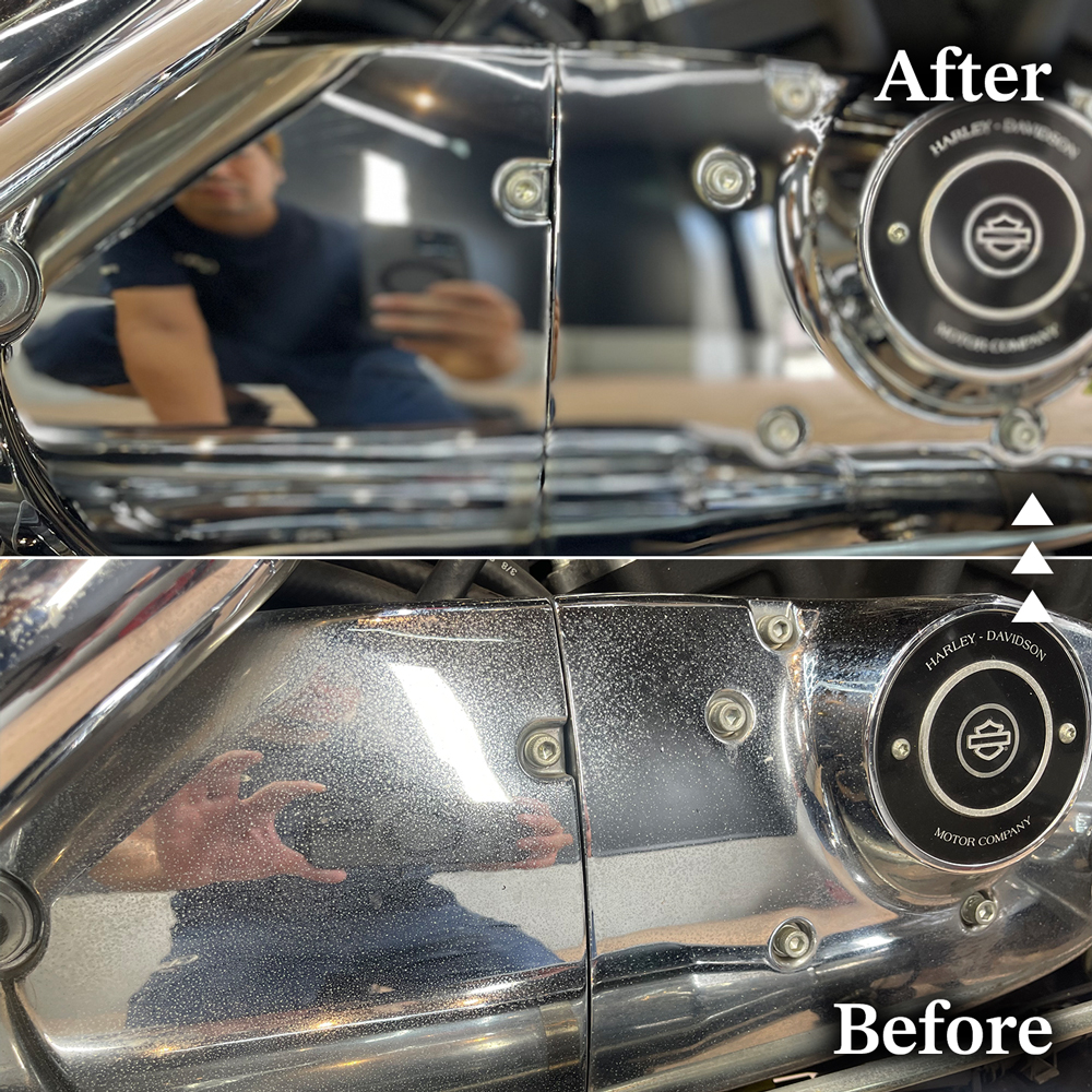 バイクのクロームパーツにコーティング施工したビフォーアフター
