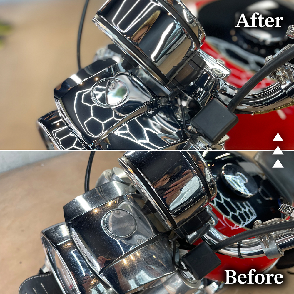 バイクのメーター周りクロームパーツをコーティングしたビフォーアフター
