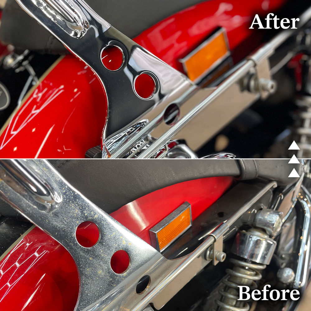 バイクのフレーム金属部にコーティング施工したビフォーアフター