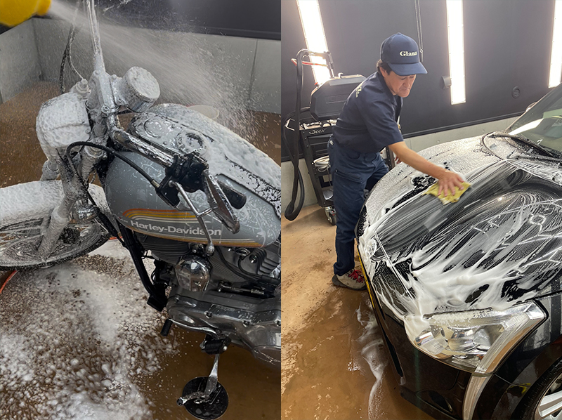 純水を使用したバイクとクルマの手洗い洗車作業