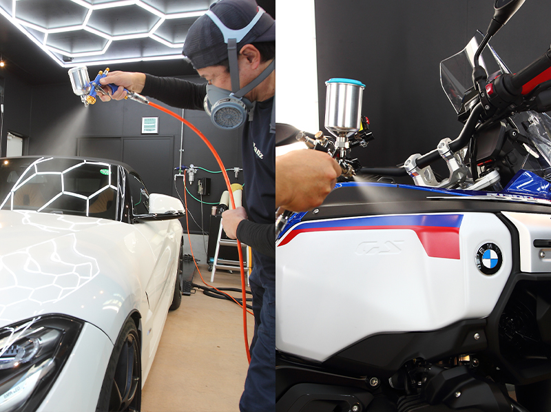 クルマとバイクにガラスコーティングを施す施工風景