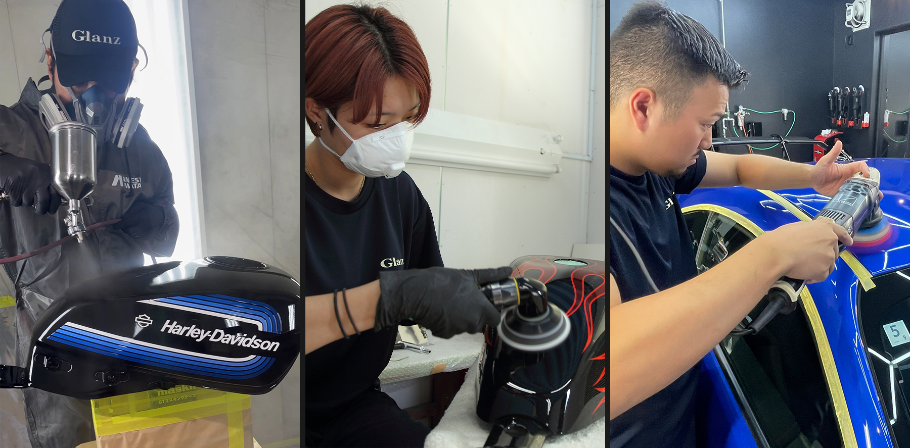 バイク塗装・磨き・コーティングを行いながら技術を学ぶグランツのスタッフ